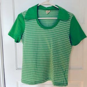 VTG 70s gingham knit top lime green mod retro vintage M/L